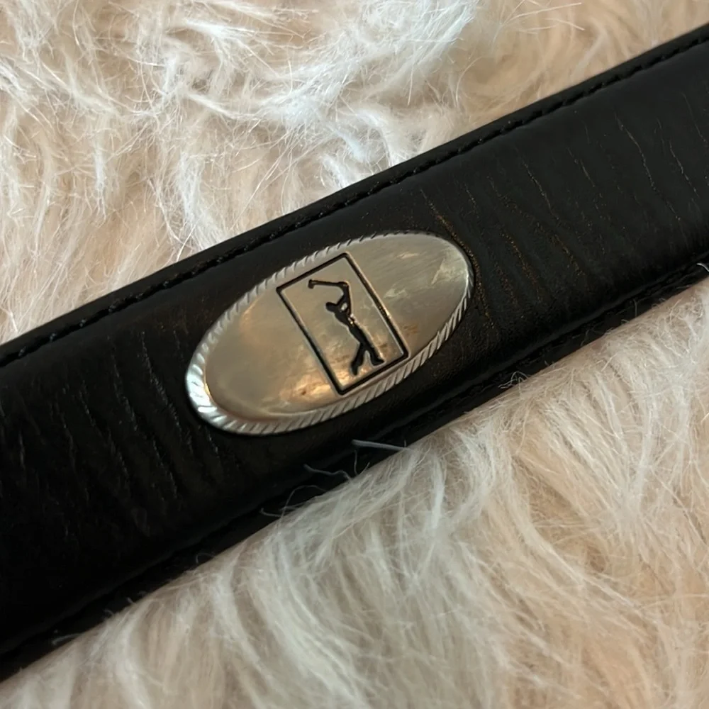 Black leather belt with silver tone golfer/golf conchos and metal tip est men XL